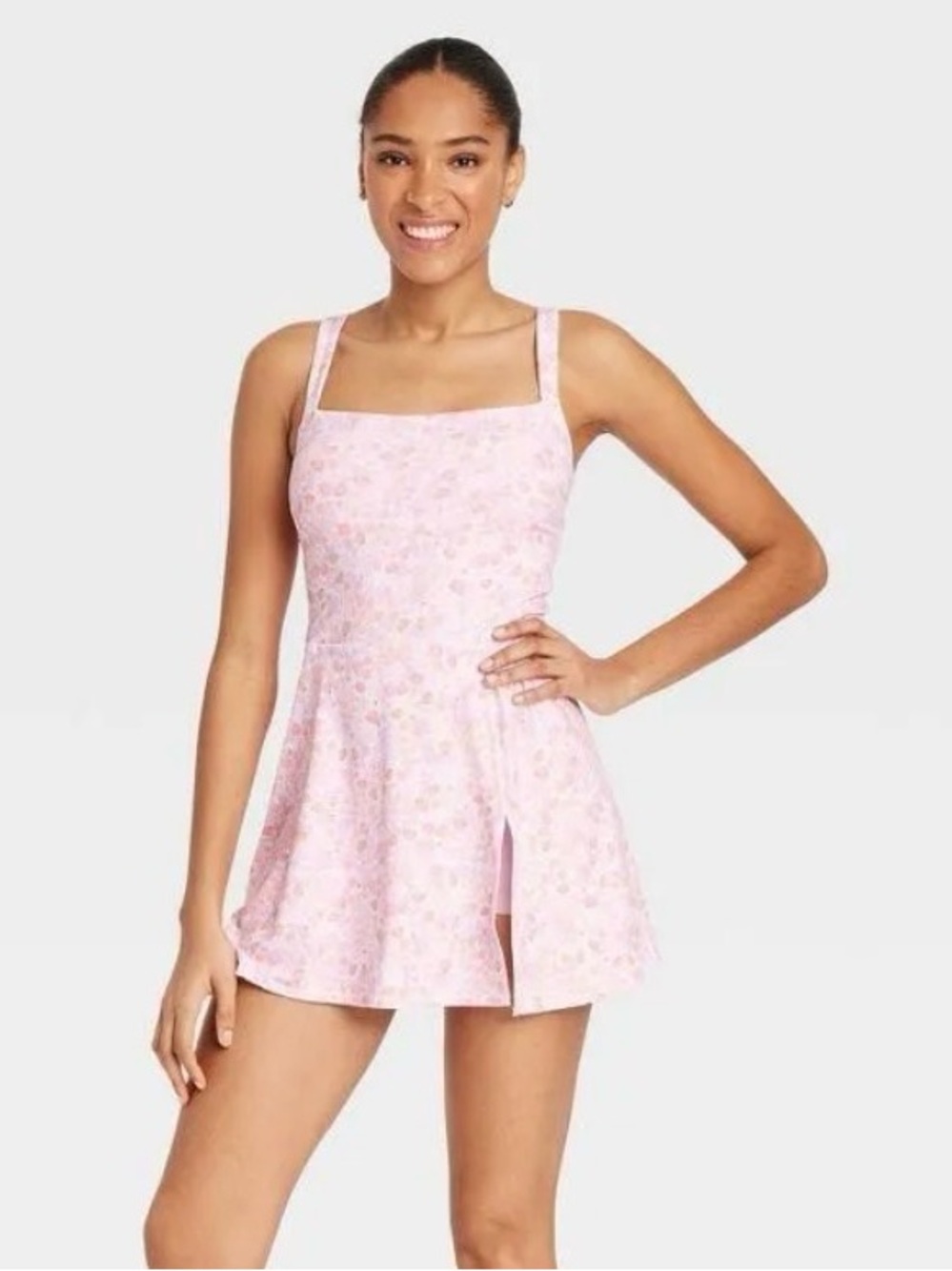 NWT! JoyLab Women's Knit Squareneck Slit Active Dress Pink Floral Print Size XS